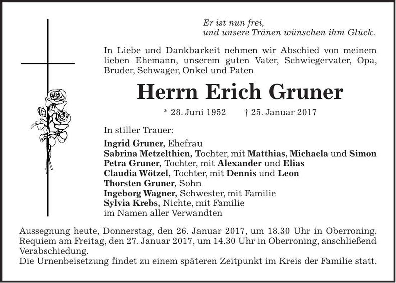 Traueranzeige Erich Gruner