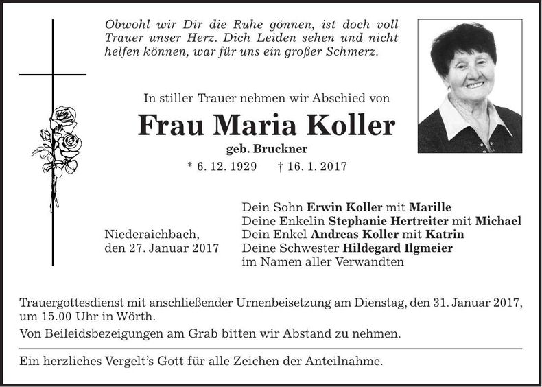 Traueranzeige Maria Koller