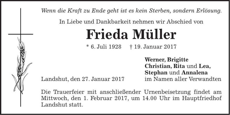 Traueranzeige Frieda Müller