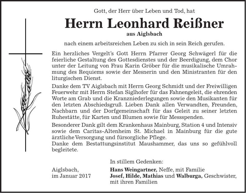 Traueranzeige Leonhard Reißner