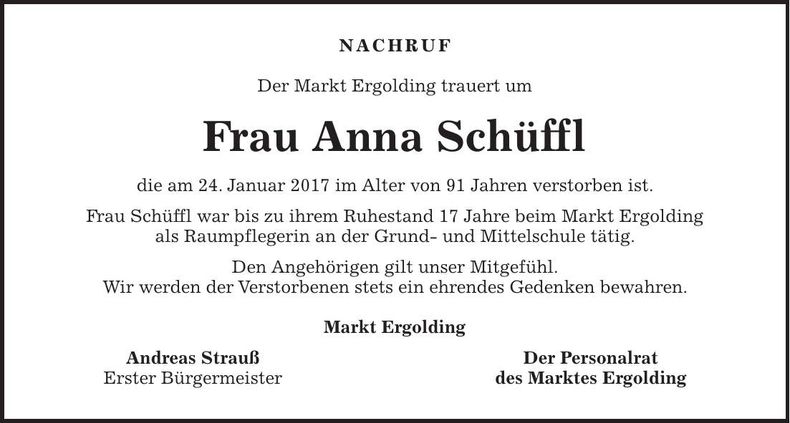 Traueranzeige Anna Schüffl