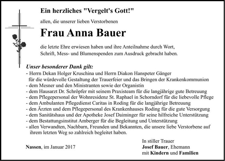 Traueranzeige Anna Bauer