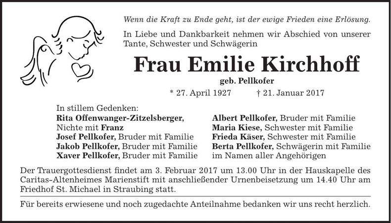 Traueranzeige Emilie Kirchhoff