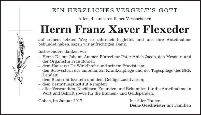 Traueranzeige Franz Xaver Flexeder