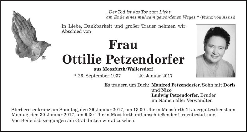 Traueranzeige Ottilie Petzendorfer