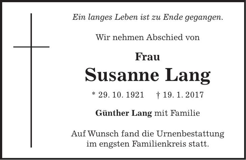 Traueranzeige Susanne Lang