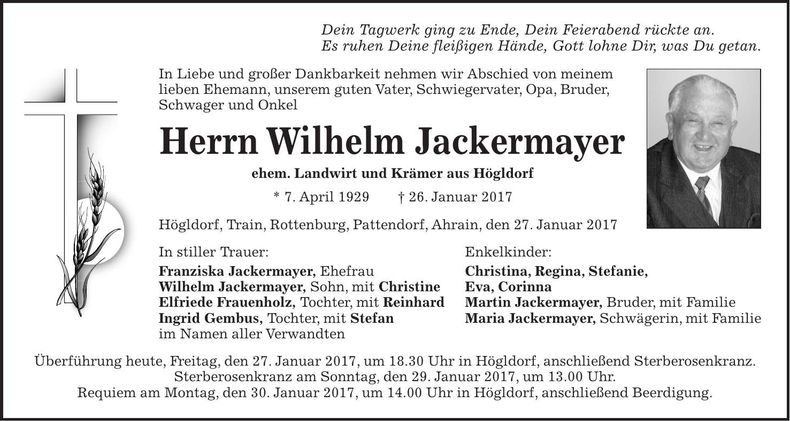 Traueranzeige Wilhelm Jackermayer