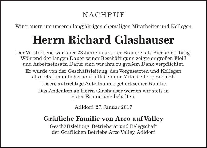 Traueranzeige Richard Glashauser
