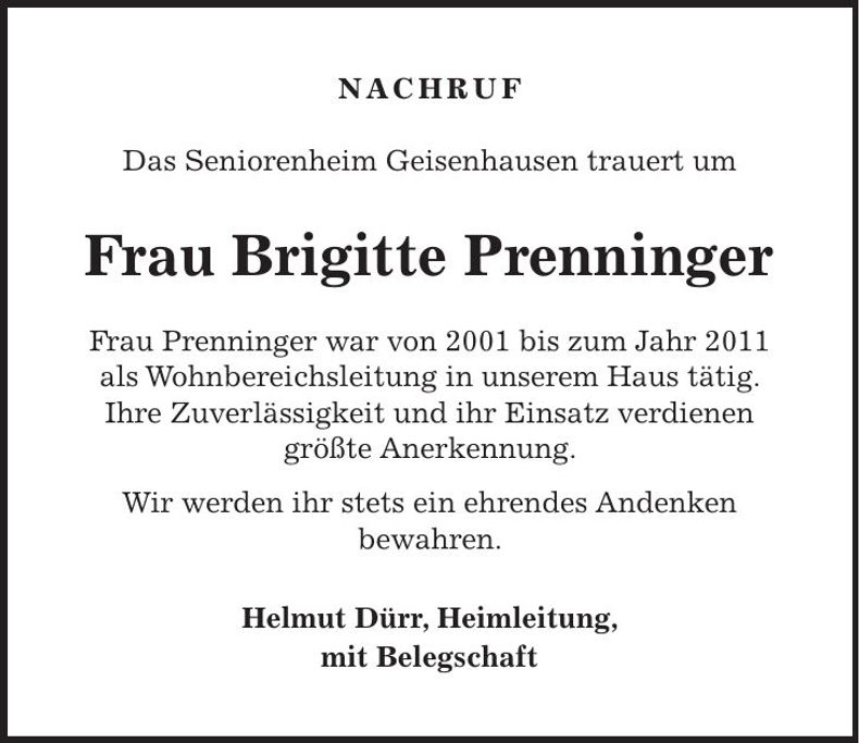 Traueranzeige Brigitte Prenninger