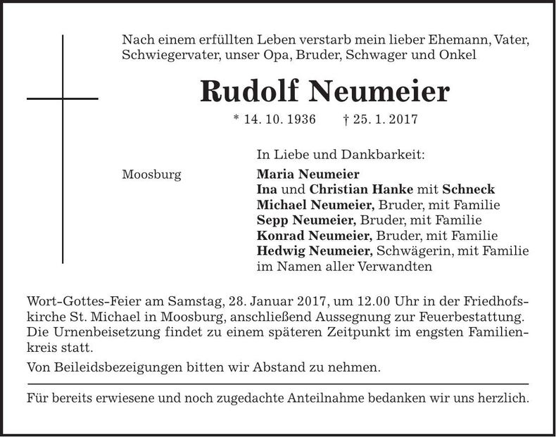 Traueranzeige Rudolf Neumeier