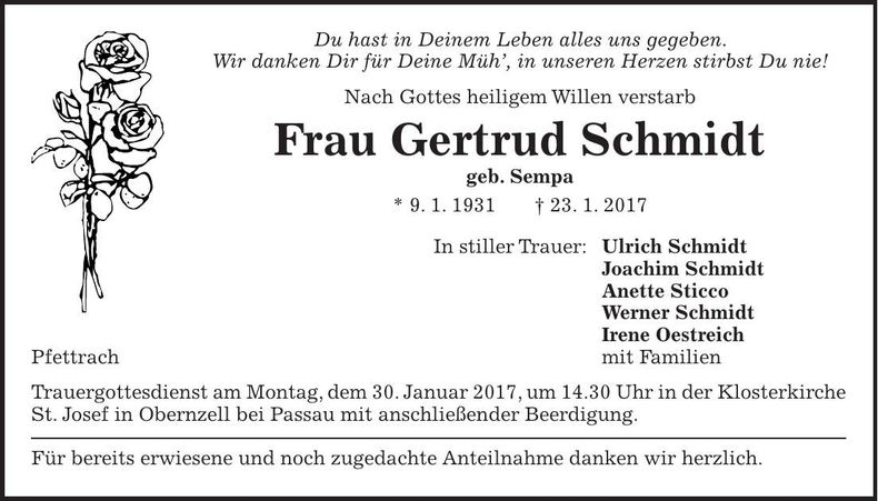 Traueranzeige Gertrud Schmidt