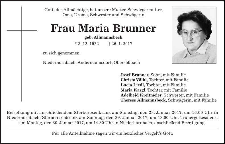 Traueranzeige Maria Brunner
