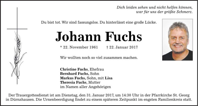 Traueranzeige Johann Fuchs