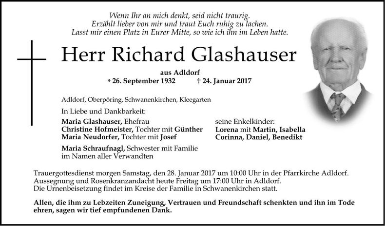 Traueranzeige Richard Glashauser