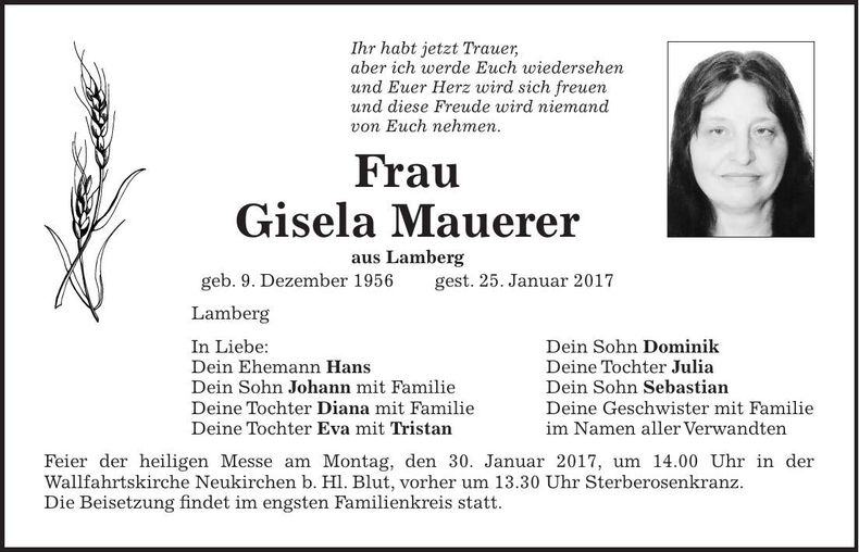 Traueranzeige Gisela Mauerer