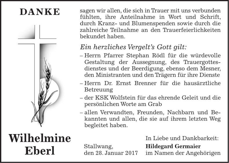 Traueranzeige Wilhelmine Eberl