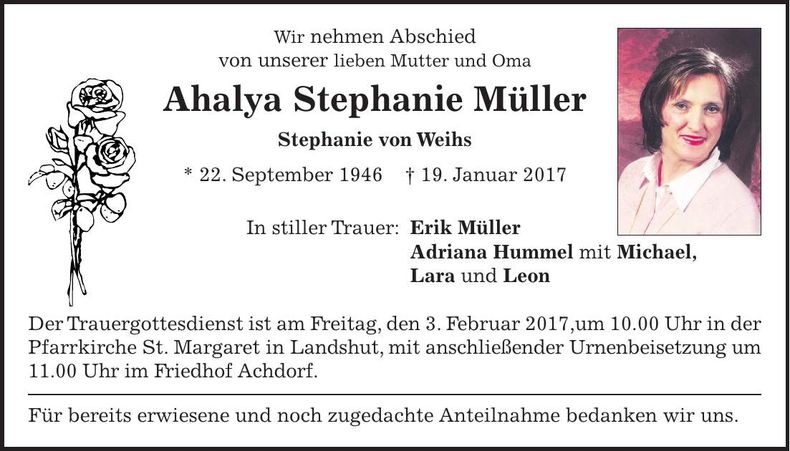Traueranzeige Ahalya Stephanie Müller