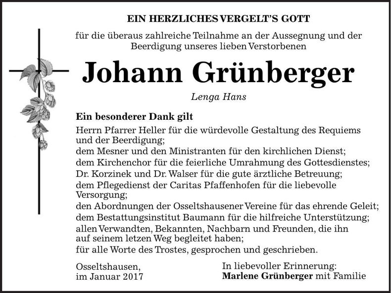 Traueranzeige Johann Grünberger