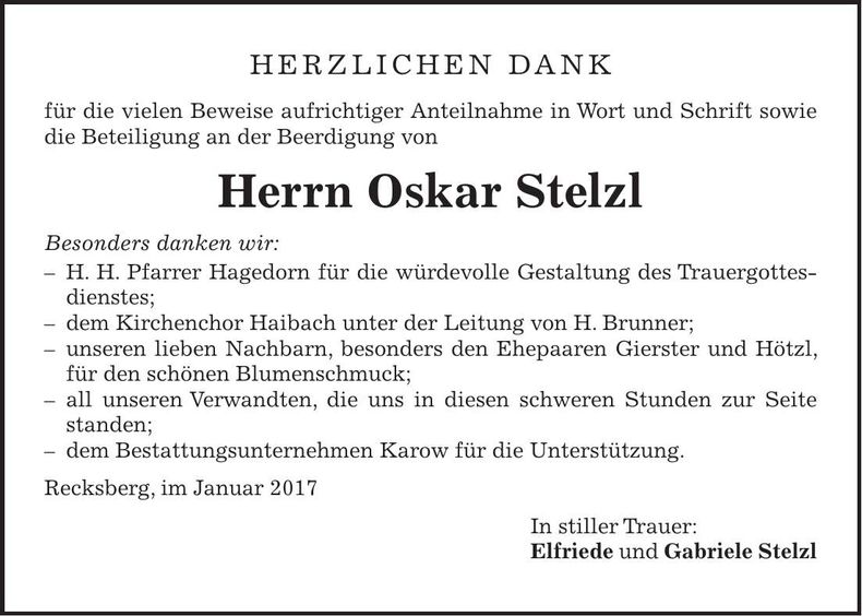 Traueranzeige Oskar Stelzl