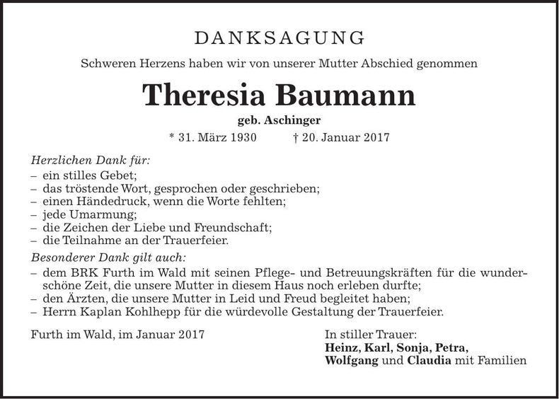 Traueranzeige Theresa Baumann