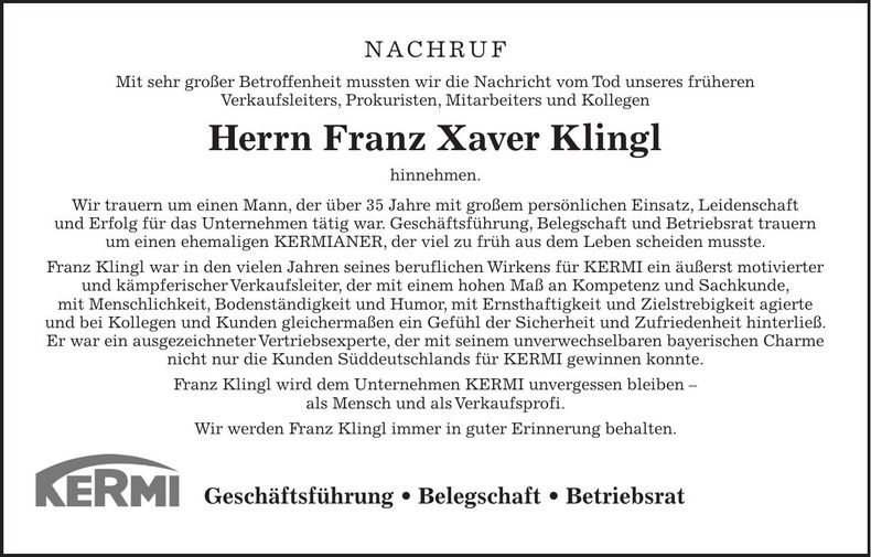 Traueranzeige Franz Xaver Klingl