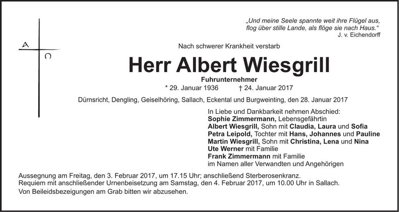 Traueranzeige Albert Wiesgrill