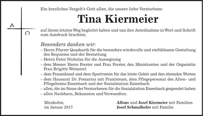 Traueranzeige Tina Kiermeier