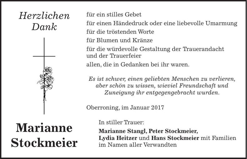 Traueranzeige Marianne Stockmeier