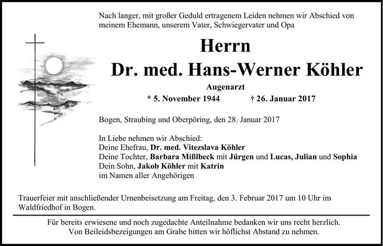 Traueranzeige Dr. med. Hans-Werner Köhler