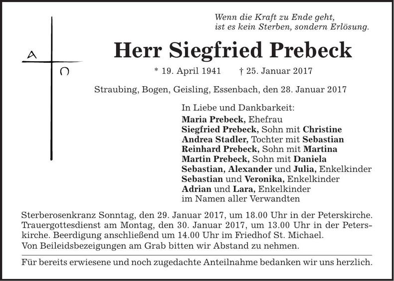 Traueranzeige Siegfried Prebeck
