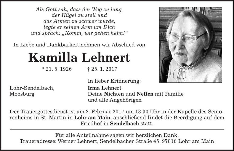 Traueranzeige Kamilla Lehnert