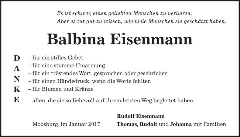 Traueranzeige Balbina Eisenmann