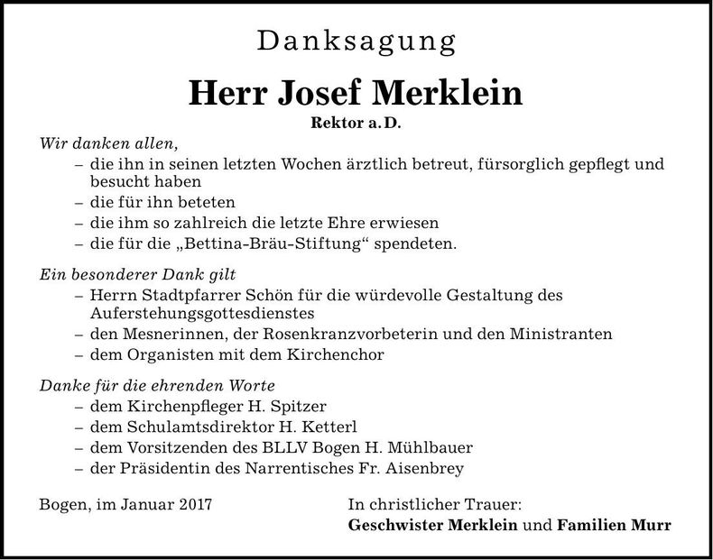 Traueranzeige Josef Merklein