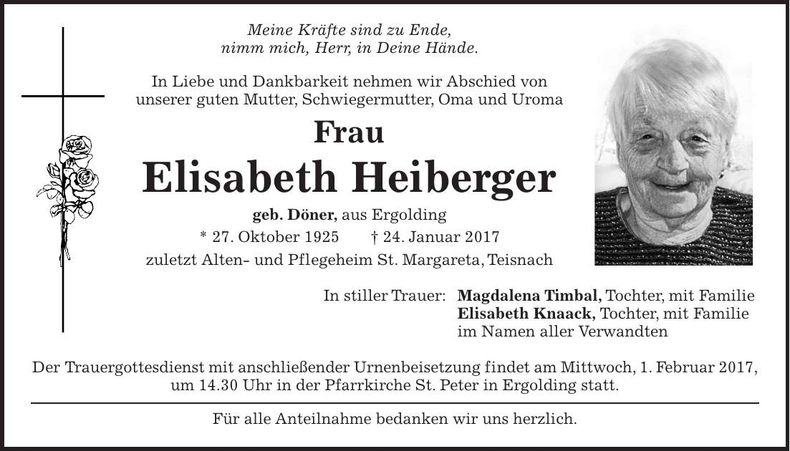 Traueranzeige Elisabeth Heiberger