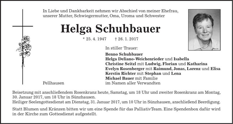 Traueranzeige Helga Schuhbauer