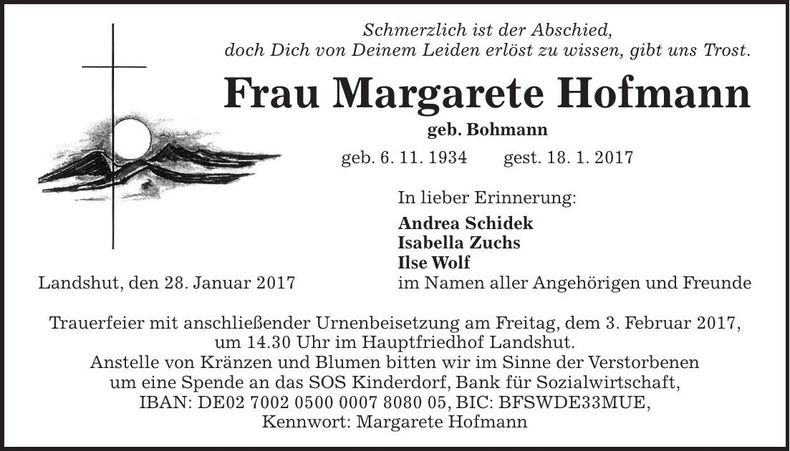 Traueranzeige Margarete Hofmann