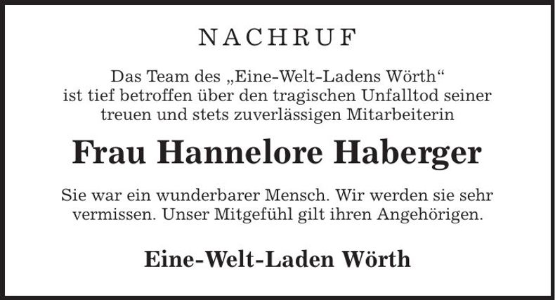 Traueranzeige Hannelore Haberger