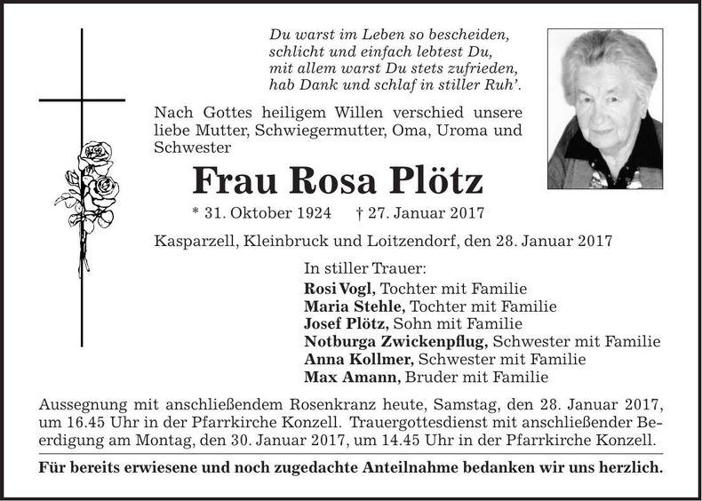 Traueranzeige Rosa Plötz