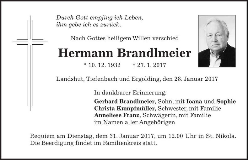 Traueranzeige Hermann Brandlmeier