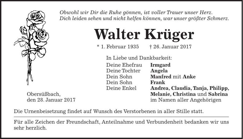 Traueranzeige Walter Krüger