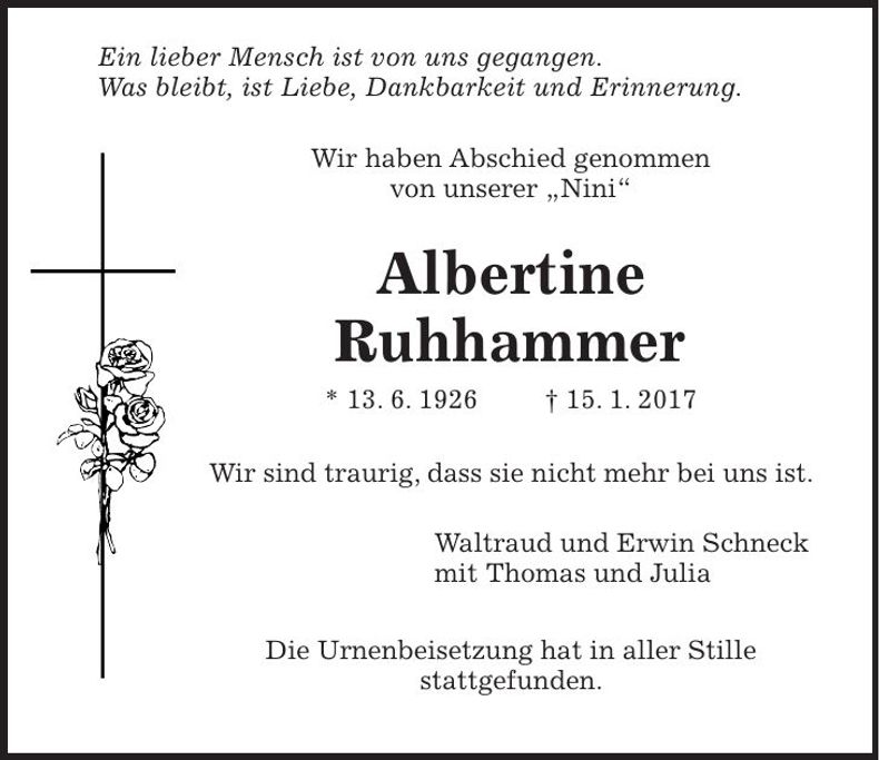 Traueranzeige Albertine Ruhhammer