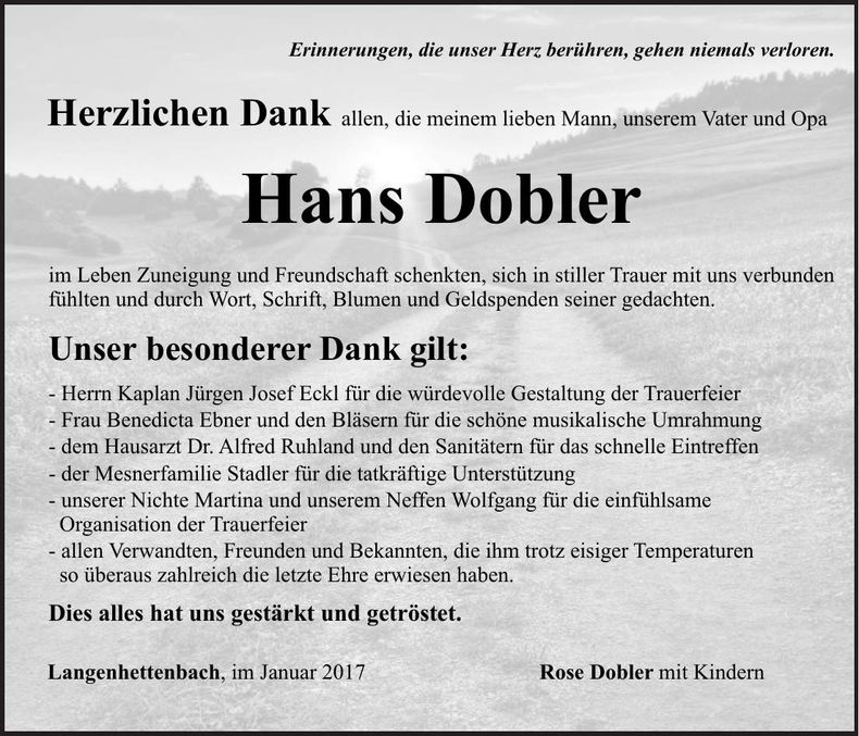 Traueranzeige Hans Dobler