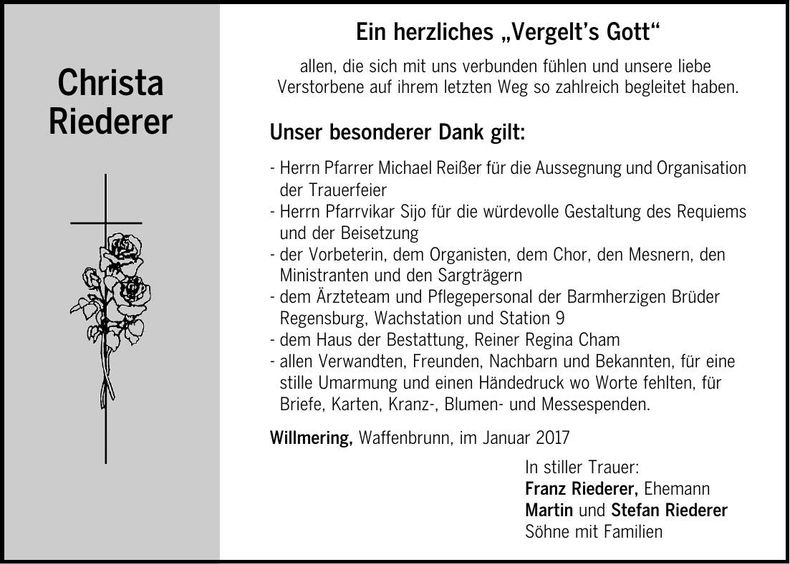 Traueranzeige Christa Riederer