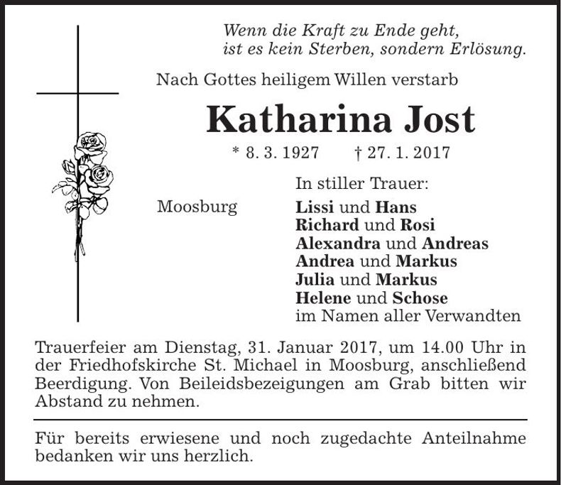 Traueranzeige Katharina Jost