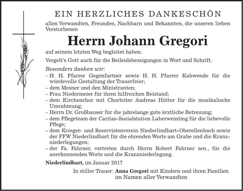 Traueranzeige Johann Gregori