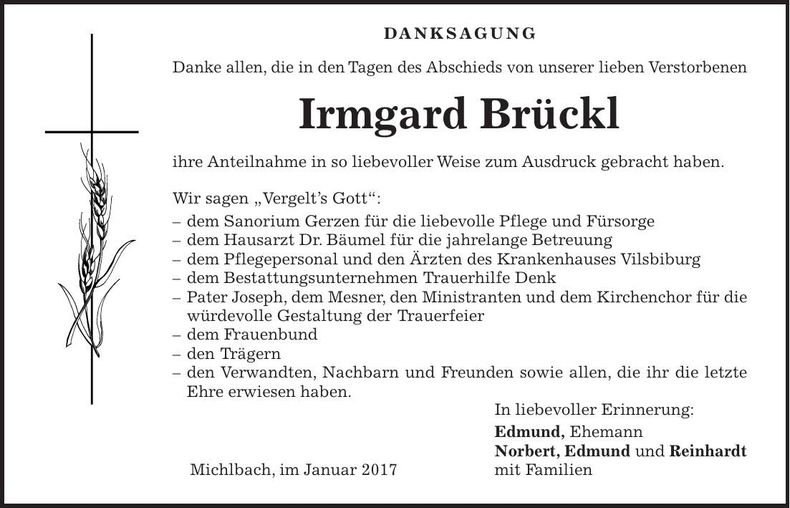 Traueranzeige Irmgard Brückl
