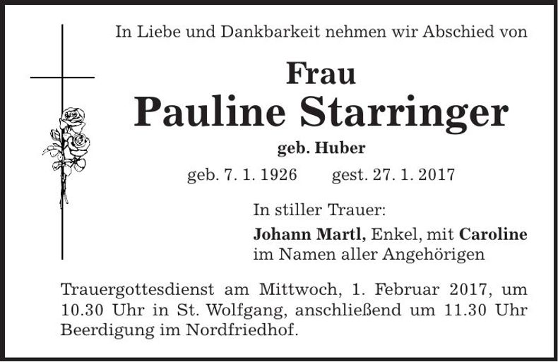 Traueranzeige Pauline Starringer