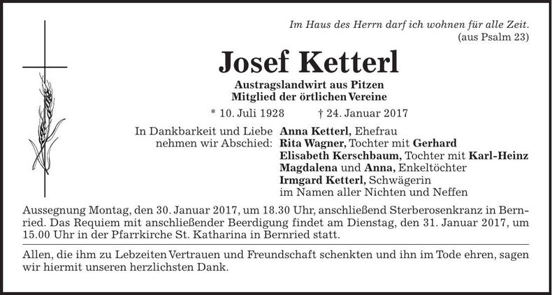 Traueranzeige Josef Ketterl