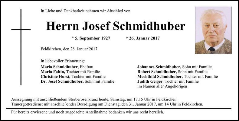 Traueranzeige Josef Schmidhuber