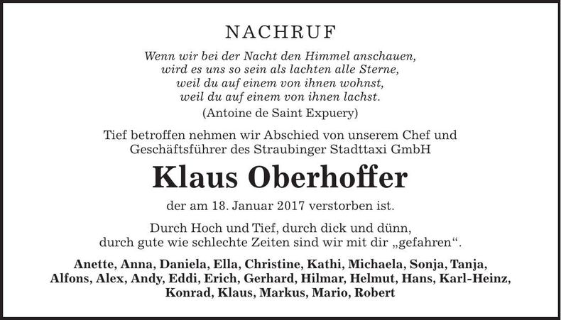 Traueranzeige Klaus Oberhoffer
